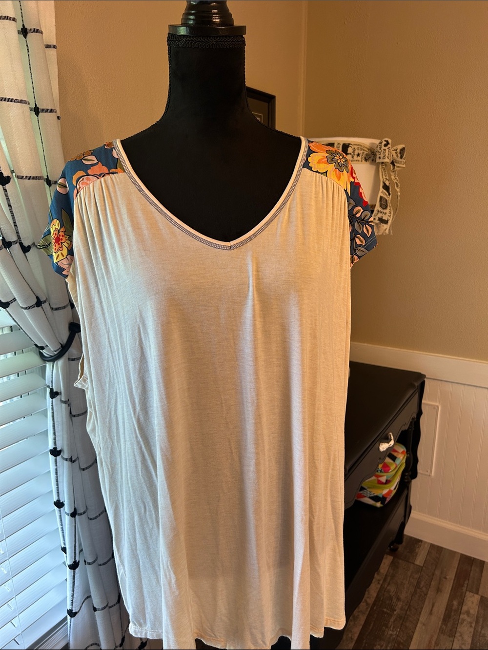 Matilda Jane Cream V-Neck Tunic with Navy Floral Cap Sleeves